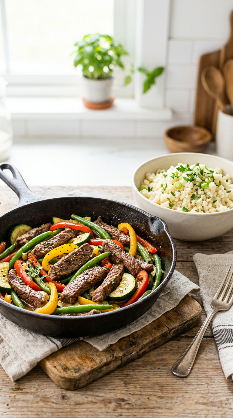 Carne magra com legumes salteados