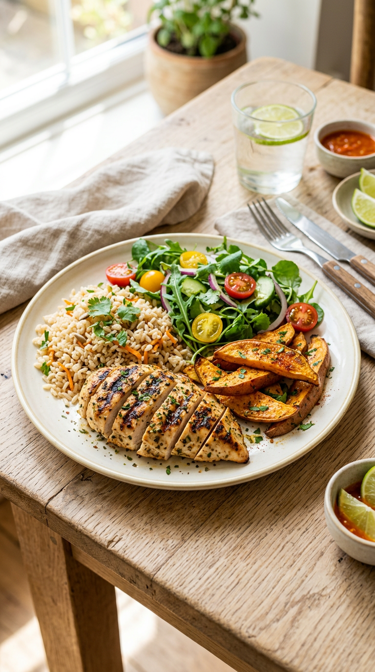 Frango com batata-doce e arroz integral