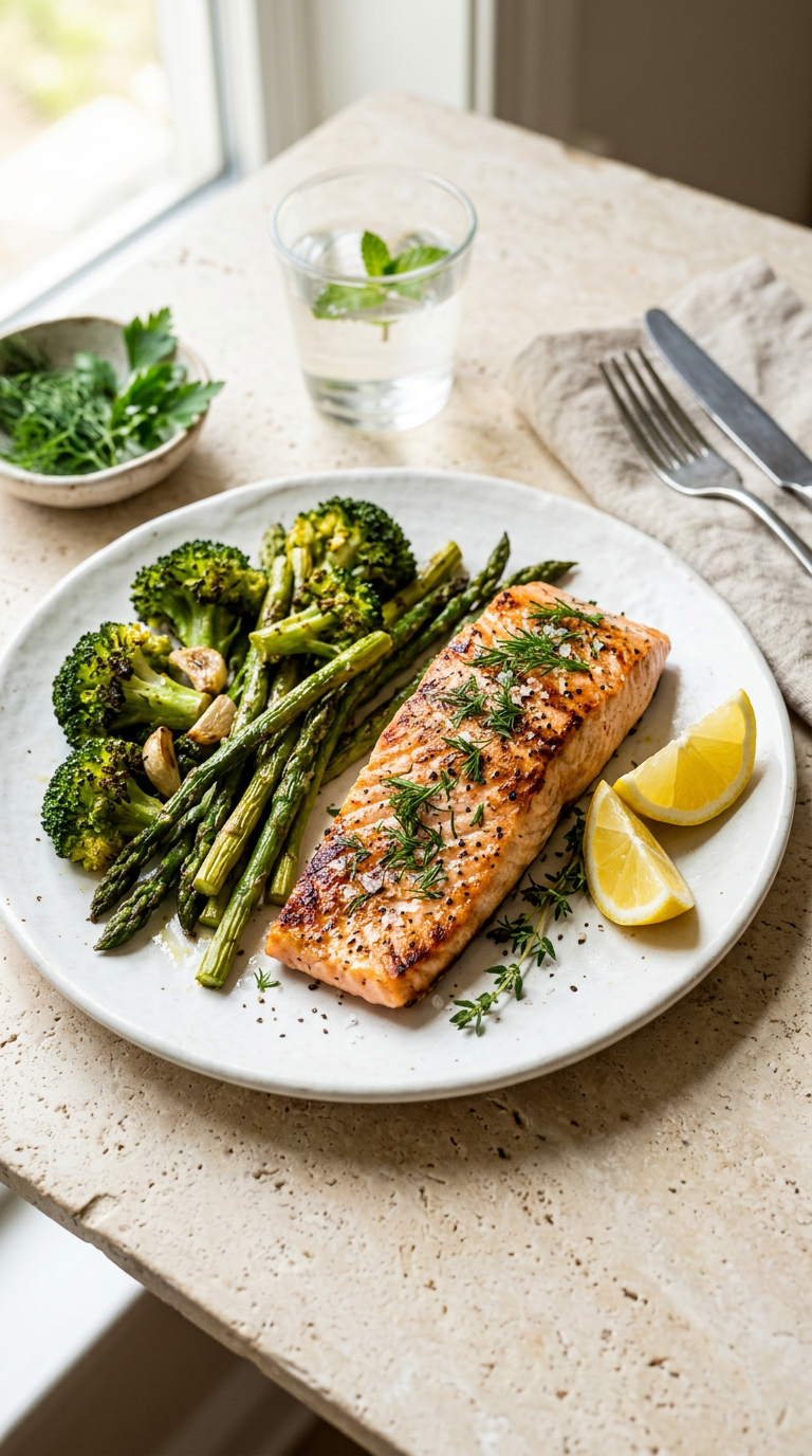 Salmão grelhado com brócolis e aspargos